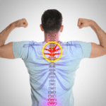 A man stands facing away and flexing both arms with a superimposed spine graphic along his back.