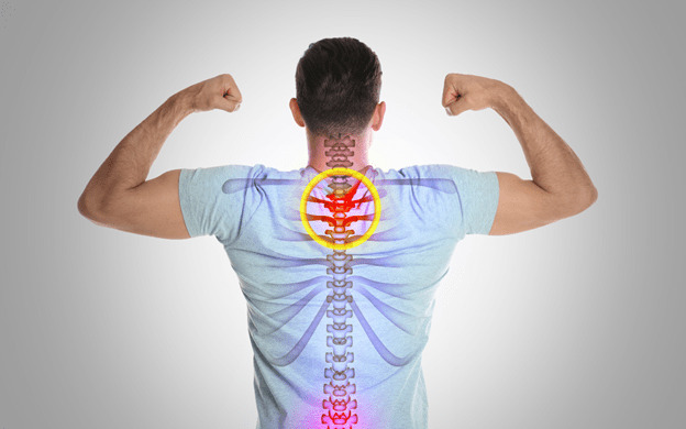 A man stands facing away and flexing both arms with a superimposed spine graphic along his back.