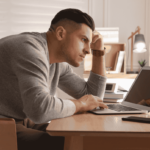 A worker hunches over a desk while working on a laptop.